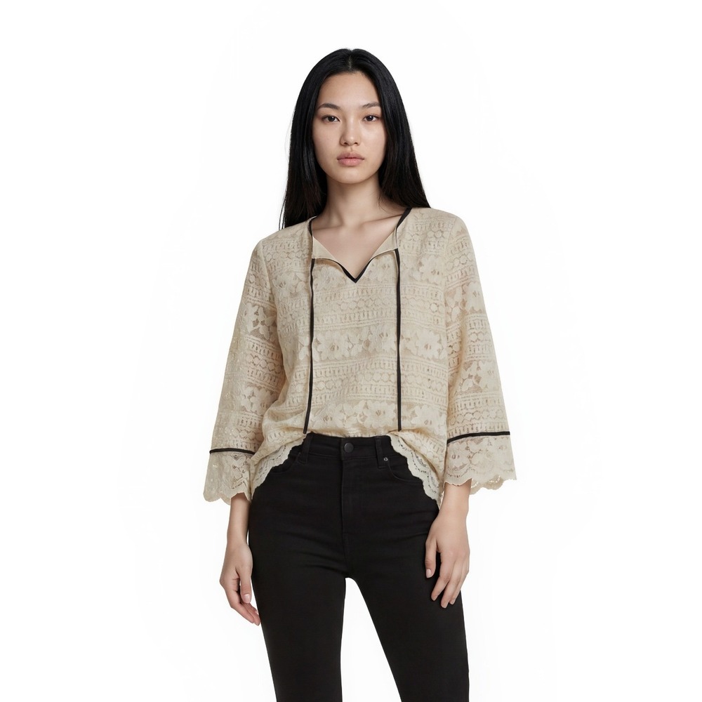 Talbots Blouse Womens Size XL Cream Lace Tie Scalloped Top Bell Sleeve Black Trm